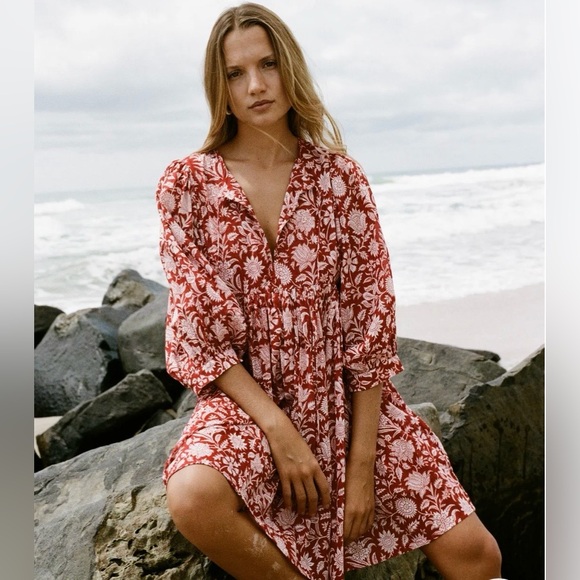 Daughters of India Kyra Mini Dress Balloon Sleeve in Saffron Floral Red Size XS - Picture 11 of 11